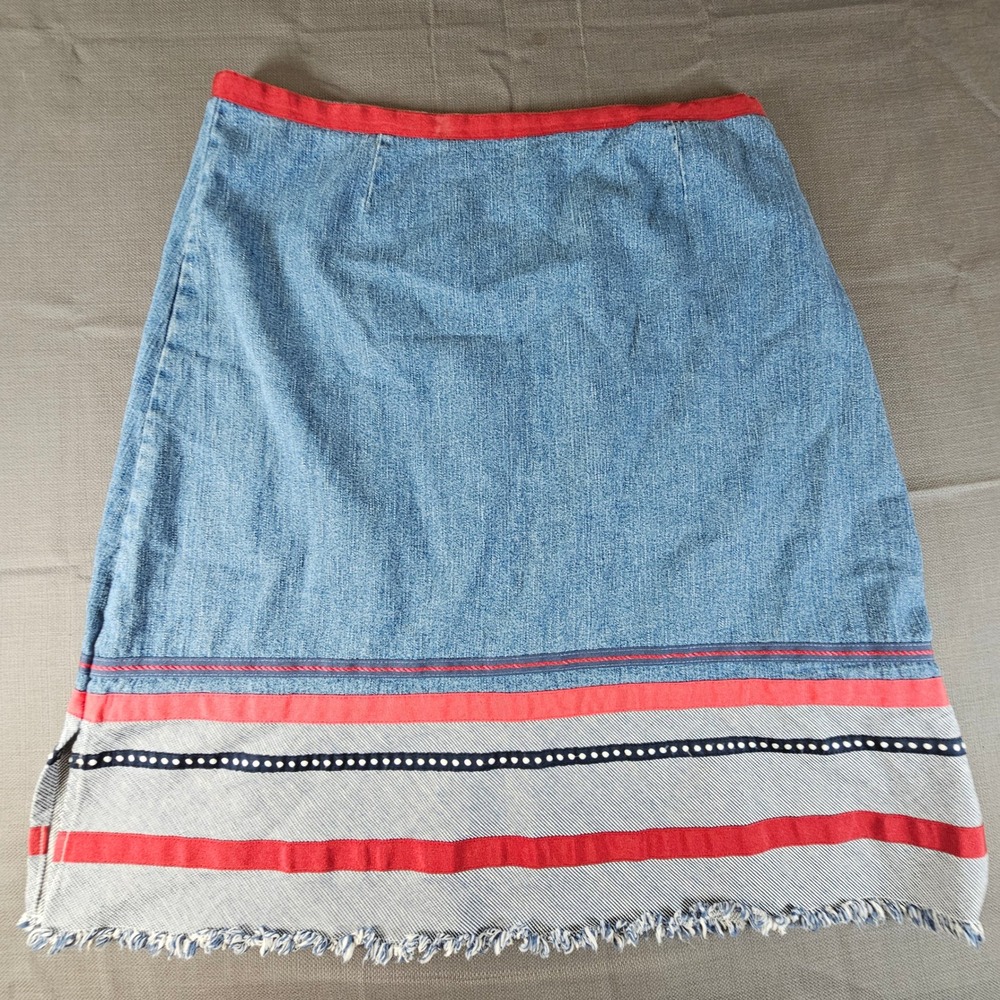 Christopher &‎ Banks Denim Skirt Size 14 Blue Red White Fringe raw Hem